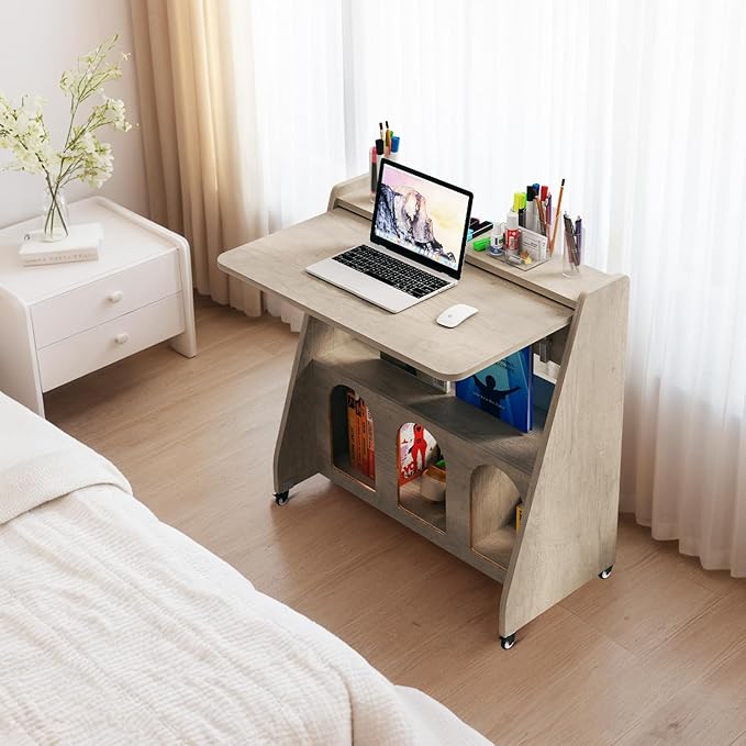 Pmnianhua Portable Mobile Desk on WheelsMobile WorkstationRolling Computer Desk with Wheels and Storage for Home Office Small Space (Grey)