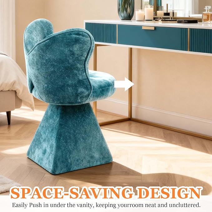 360° Swivel Vanity Chair with Back and PillowChenille Comfy Makeup Chairs for VanityBlue Modern Desk Chair No Wheels for BedroomLiving Room (Blue)