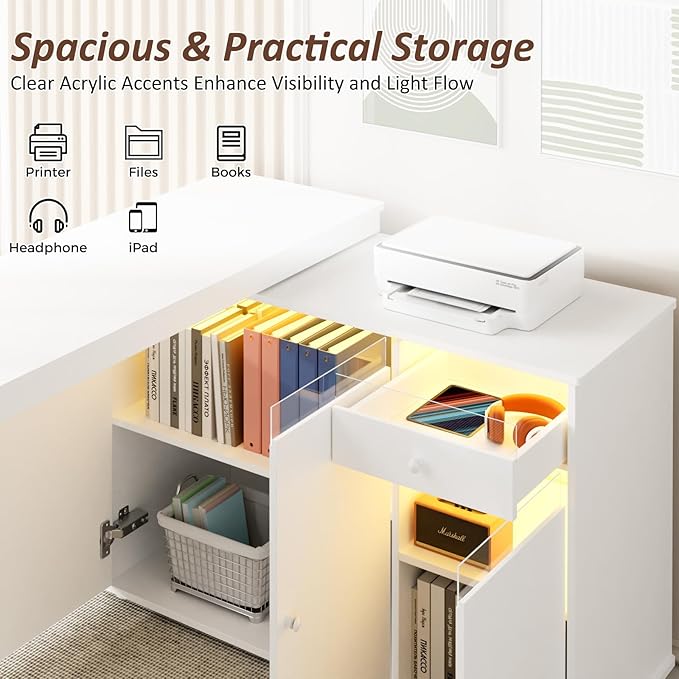 53 L-Shaped Computer Desk Rotating Home Office Desk with Storage Cabinet &amp Drawer Modern Study Writing Table with LED Light Reversible Corner Desk Small Space &amp Bedroom Workstation White