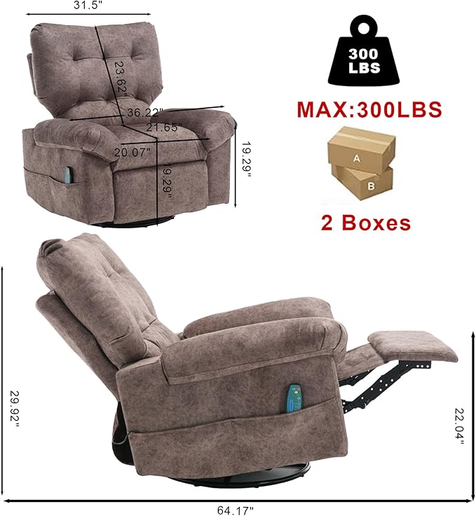 Rocker Recliner Chair for Adults Soft Lazy Boy Recliner Chair with Heat&amp Adjustable Backrest Footrest Oversized Massage Recliner Chair with Swivel and Side Pocket for Living Room Bedroom (Brown