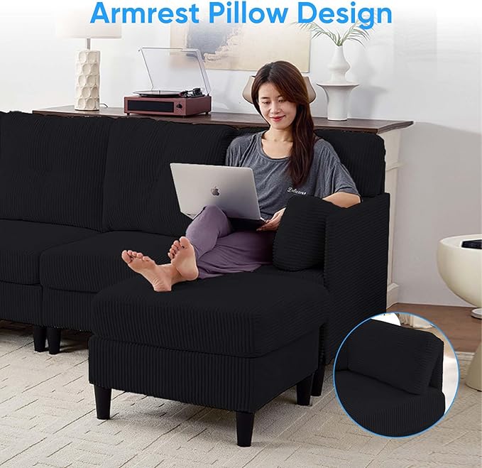 Mjkone Sectional Sofa Couch with Ottoman U Shape Sofa for Living Room Corduroy Convertrible Couches with Double Chaises 6 Seater Sofas for Living Room/Home Office/Guest (Black)