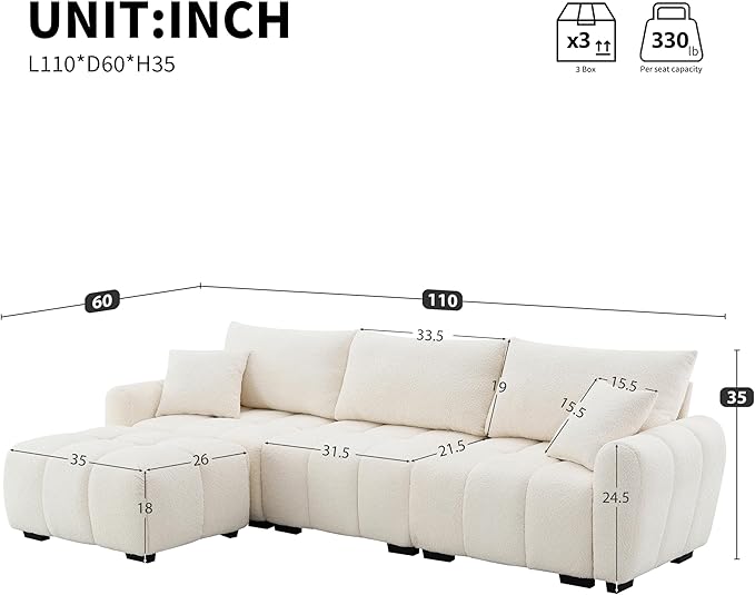 110 Modular Sectional Sofa L Shape with Extra-Large Seat Pull-line Design Movable Ottoman High Density Foam Free Combination Sturdy Metal&ampWood Frame Boucle Fabric Beige