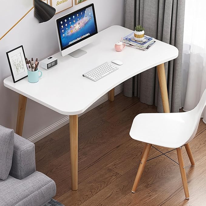 Computer DeskHome Office Desk Writing Desk Work Desk PC Table Study Desk Modern Ergonomic Arcs Design Thickened Plate Spacious Desktop Computer Desk Solid Wood PC Work Writing Table White