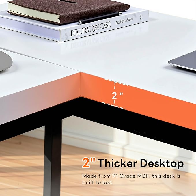 ivinta L Shaped Desk Modern Corner Home Office Computer Desk with 2 Thicker Desktop for Study Work Simple Reversible Worksation with Metal Frame for Bedroom Living Room Novas (White)