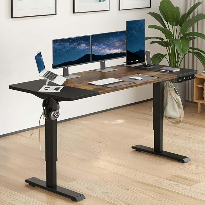 63 Electric Standing Desk Adjustable Height Seated Stand up Computer Desks for Work Office Home Ergonomic Lift-up Gaming Tables with Wheels &amp Splice Board &amp USB Charging Port (Rustic Brown/
