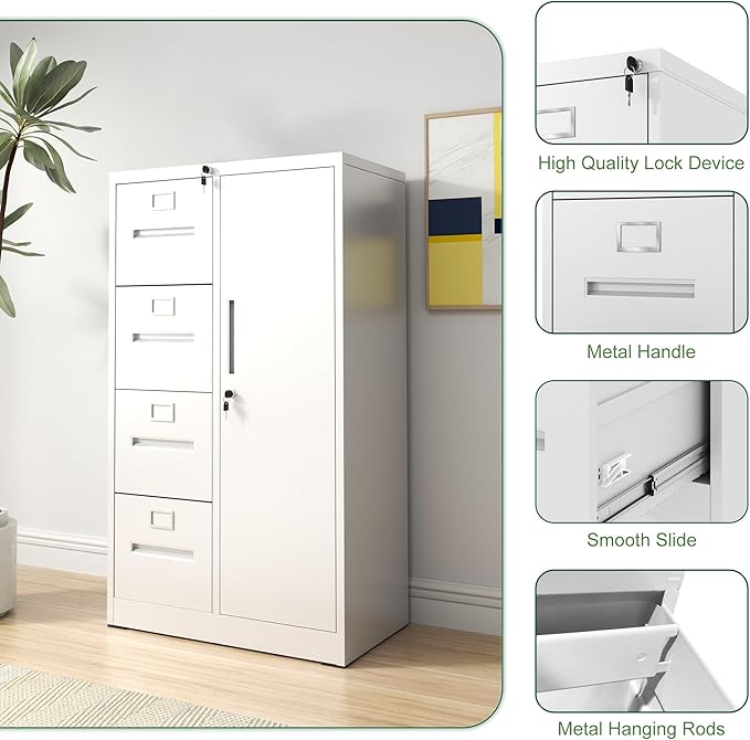 4 Drawer Small File Cabinet with Lock Under Desk Locking Storage Drawers Organizer Filing Cabinets for Home OfficeWhite