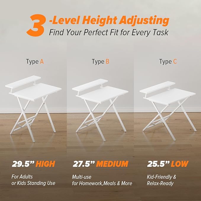 WOHOMO Folding Computer Desk with Adjustable Height 23.6 x 31.5 x 25.6 Foldable Table with Monitor Stand Small Office Desk for Bedroom Space Saving Desk for Home Office Easy Assemble White