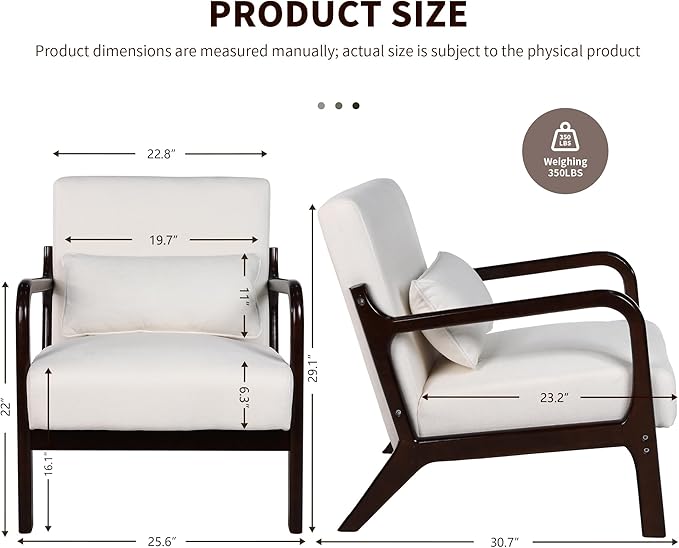 Mid-Century Modern Accent Armchair with Solid Rubberwood Frame Upholstered Lounge Chair with Detachable Lumbar Pillow for Living Room Bedroom &amp Office Upholstered Armchair for Girls Boys.