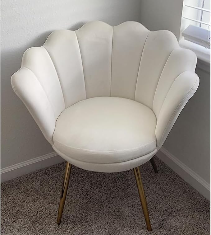 chairus Cream White Makeup Vanity Chair with Back Small Modern Velvet Upholstered Accent Chair with Gold Metal Legs Cute Shell Shaped Vanity Stool Desk Chair for Living Room Bedroom Dressing Room