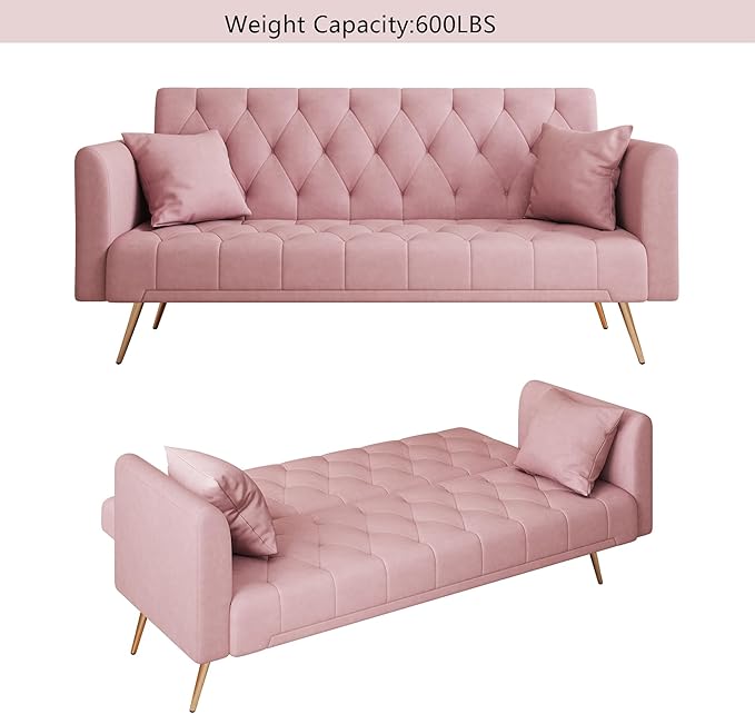 Anwick 72 Modern Velvet Sofa Bed FutonConvertible Folding Sleeper Bed Couches with 3 Adjustable BackrestsTufted Recliner Loveseat with Golden Chrome Legs for Small Living Room Office (Light Pink)