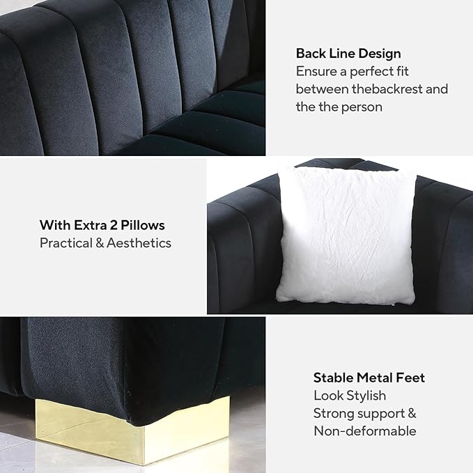Velvet Couch with Extra Deep Seats 3 Seater Sofa Futon Couch Sleeper Sofa Office Couch Mid Century Modern Couch for Living Room Office Bedroom (Black 63-Loveseat)