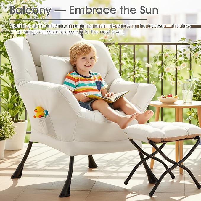Lazy Chair with Ottoman Large Accent Chair with Ottoman and a Throw Pillow Beige Reading Chair for Living Room Bedroom Dorm Room Office Apartment Relaxing Use
