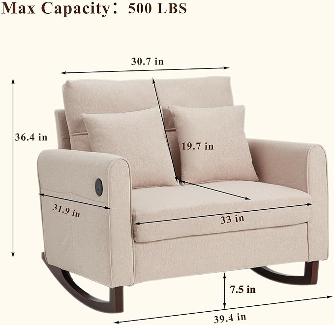 HOMREST Rocking Chair Upholstered Nursery Rocking Chair with High Back and Side Pocket USB Port Double Wide Rocker Glider Chairs with Wood Legs for Living Room Bedroom Nursery Beige