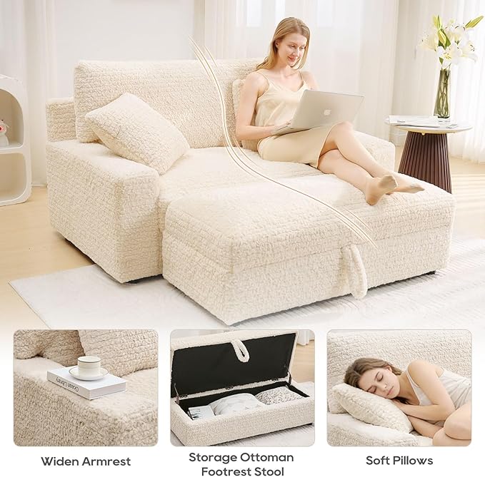 62“ Oversized Chaise Lounge Chair IndoorComfy Loveseat with Storage OttomanUpholstered Sleeper Sofa Bed with 2 Pillows Deep Seat Love Seat Couch for Living RoomBedroomApartmentBeige