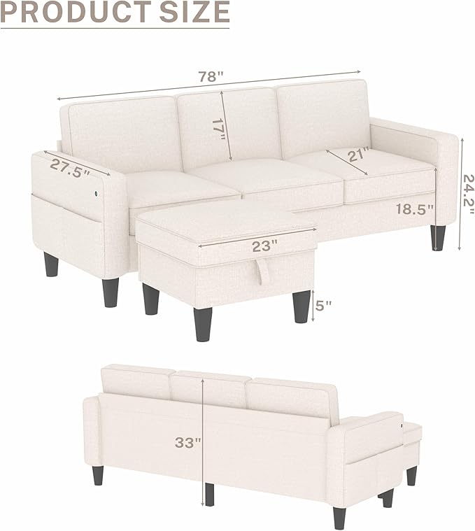ZeeFu Sectional and Sofa Couches for Living Room - 78'' 3 Seater L-Shaped Modular Couch with Storage Ottoman - Modern Linen Fabric Upholstered Sofa Set for Small Space Apartment Office