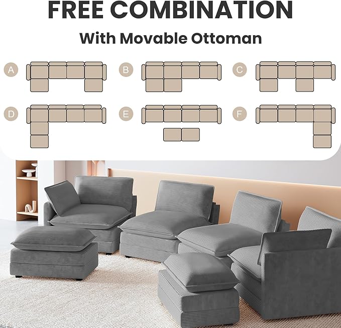 Modular Sectional Sofa 148 U-Shaped Sectional Couches for Living Room 6 Seat Modern Corduroy Cloud Couch with 2 Ottoman for Bedroom Office Apartment Dark Grey