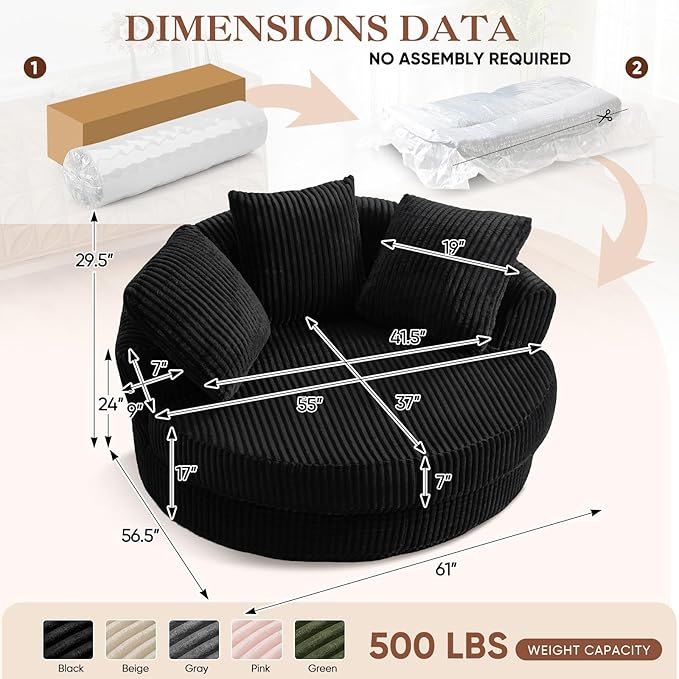 61W Oversized Round Chaise Lounge Chair Indoor Upholstered Corduroy Large Circle Boneless Chair with Deep Seat No Assembly Required Modern Comfy Cloud Sofa Chairs for Living Room Bedroom(Black)