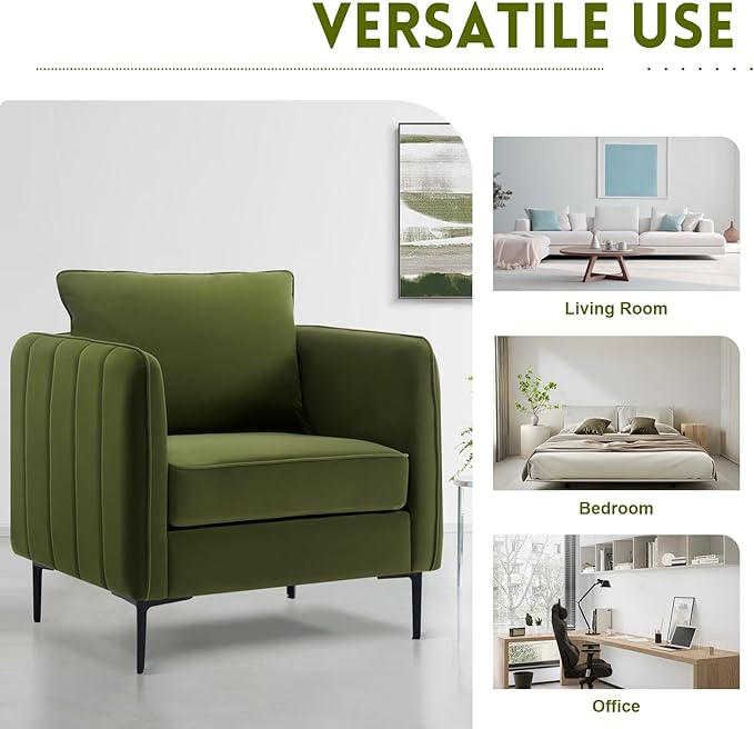 Velvet Accent Chair Mid Century Modern Single Arm Chair Comfy Living Room Reading Bedroom Lounge 6.3 Inch Upholstered Cushioned Black Metal Legs (Green Sofa Chair Set of 2)
