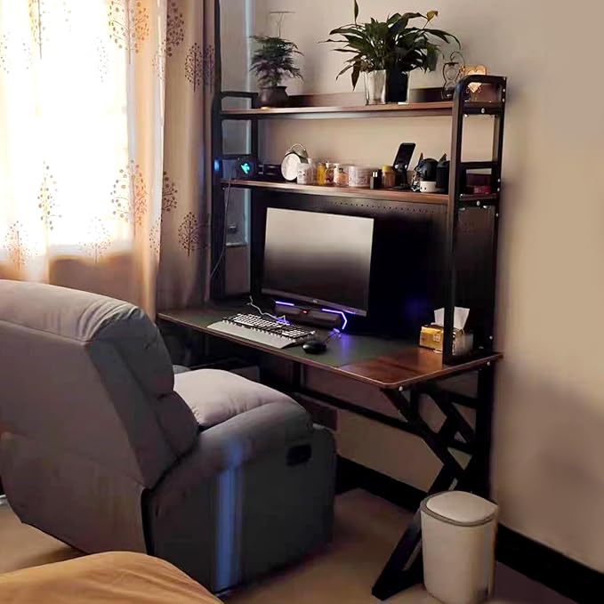 31.4in Gaming Desk with Bookshelf Combo Computer Desk with Pegboard Large Writing Table with Desktop Shelves Ample Leg Room for Home Office (Brown 31.4in)