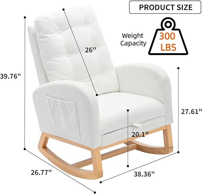 Modern Nursery Rocking Chair with Footrest High-Back Reading Chair Versatile Accent Lounge Chair with Storage Pocket Upholstered Glider for Bedroom Living Room