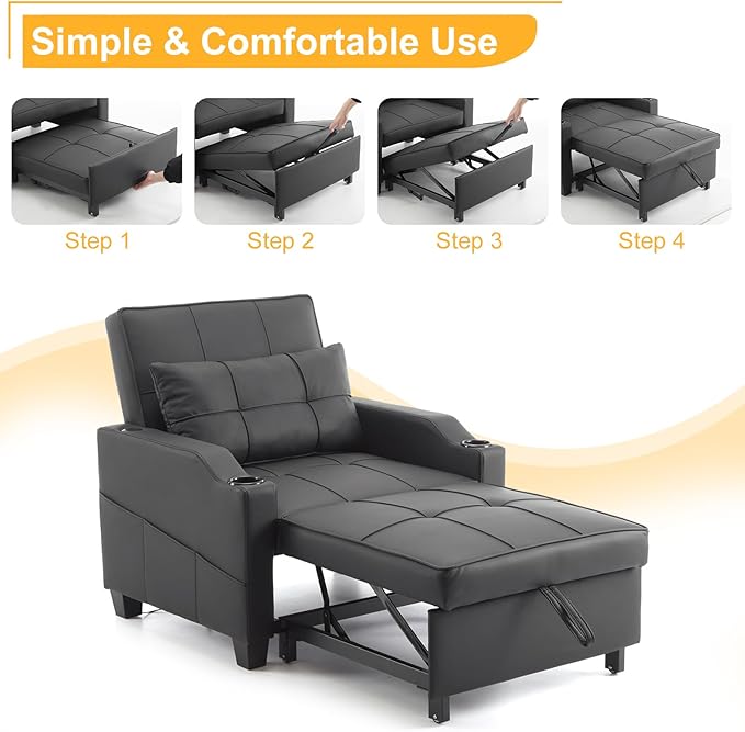 Karl home Sleeper Chair Convertible Sofa Bed with USB/Type C Ports 3-in-1 Pull Out Sofa Bed Adjustable Reading Chair with Cup Holders PU Leather Black