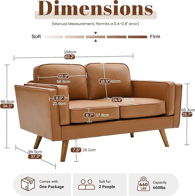 Kingfun Modern Loveseat Sofa for Living RoomFaux Leather Loveseat Dual-Layer Armrests Removable Cover Spring Cushions Solid Wood Frame Easy Assembly for Small Spaces (62.2inchLight Brown)