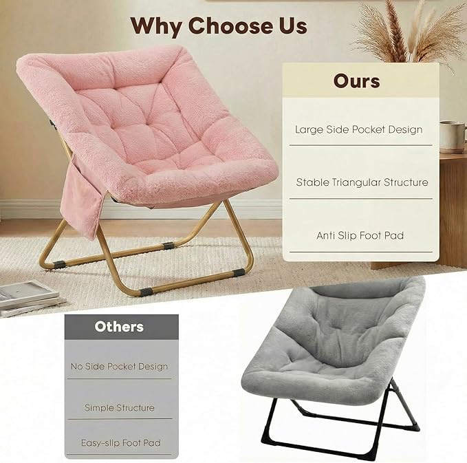 Folding Saucer Chair Comfy Reading Chair with Soft Thick Padded Seat Plush Faux Fur Lounge Chair for Small Space Bedroom Dorm Living Room X-Large Lazy Chair for Adults Teens Kids