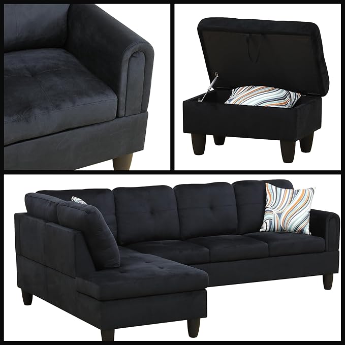 L-Shaped Sectional Sofa with Movable Chaise &amp Storage Ottoman Lounge 3-Piece Modular Convertible Couches for Living Room Apartment &amp Office Black