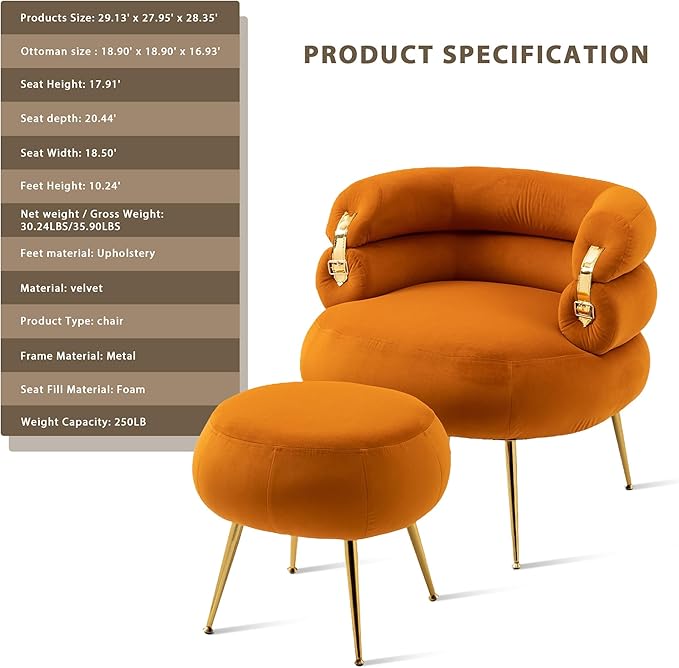 Velvet Accent Chair with Ottoman Set Modern Upholstered Armchair Tufted Chair with Footstool Single Sofa Chair with Golden Metal Legs for Living Room (Orange)