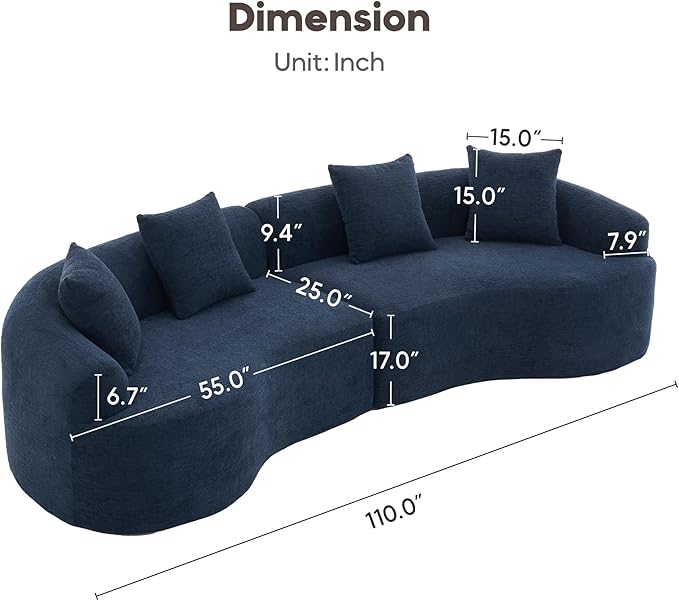 Yoglad 110‘’ Boneless Curved Sofa Modern Cloud 4-Seater Floor Couch Minimalist Compression Sofa for Living Room Apartment Studio Office No Assembly Needed(Chenille Navy Blue)