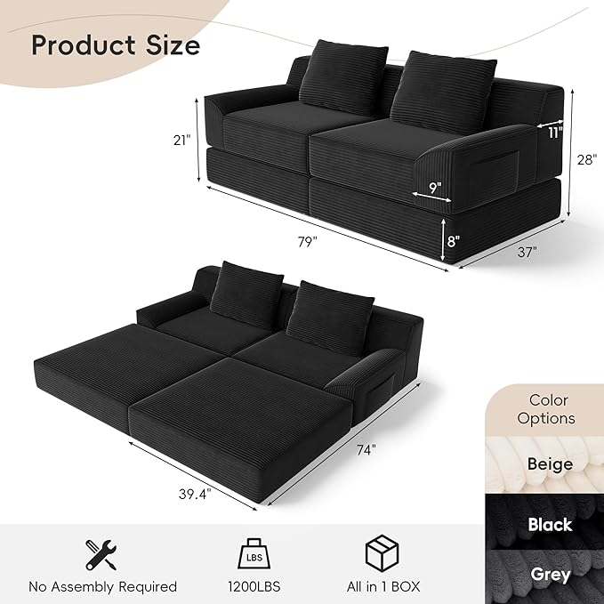 Convertible Sofa Bed 79 Inch Boneless Couch Corduroy Loveseat Sleeper Oversized Double Lounge Chaise Cloud Futon Floor Sofa Modular Futon Couch for Living Room Bedroom Lounge (Black)