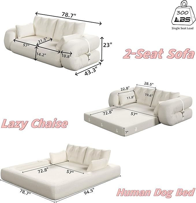 KEIKI 78.7 Foldable 3-in-1 Multi-Functional Sleeper Sofa Bed Convertible Foam-Filled Floor Couch for Adults Human-Sized Dog Bed Teddy Fabric Black