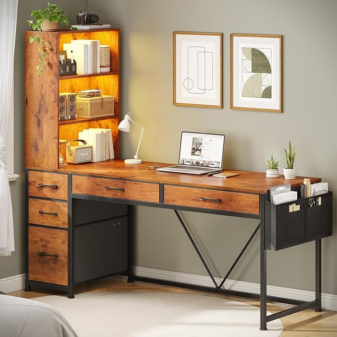 SEDETA Computer Desk with 5 Drawers and Bookshelf Reversible Home Office Desk with Storage Shelves and File Drawer Gaming Corner Desk with LED Lights for Small Spaces Rustic Brown