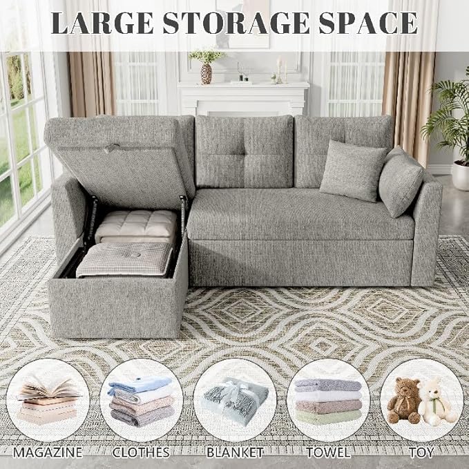 Sleeper Sofa Couch 2 in 1 Sectional Sleeper Couch Bed with Side Pocket Pullout Sofa Bed with Storage Chaise for Living Room Light Grey