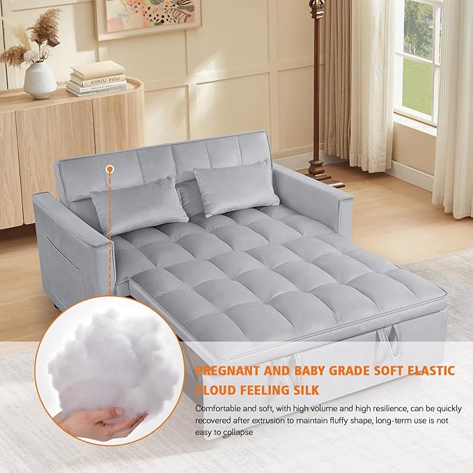 3 in 1 Convertible Sleeper Sofa Futon BedModern Velvet Pull Out Couch Bed with Reclining Backrest&amp2 Pillows54 Full Size Small Love Seat Lounge Couches for Small SpacesLiving Room (Silver grey)