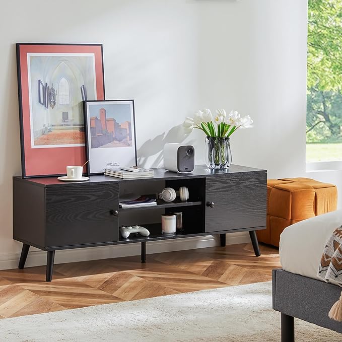 Sweetcrispy TV Stand for 55 60 inch TV Modern Mid Century Entertainment Center with Storage Media Console Table 2 Cabinet Soft Hinge Handle Door Wooden Living Room Office Furniture Black