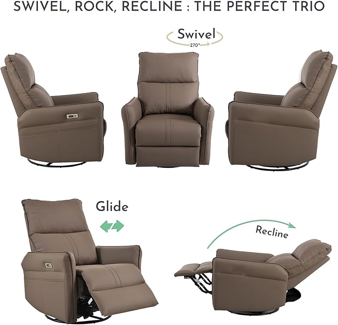 Electric Recliner Chairs for Adults Power Swivel Rocker Recliner Chairs &amp Nursery Glider Recliner with USB Pockets PU Leather Lazy Boy Recliner Chair &amp Small Recliners for Small Spaces (Bro