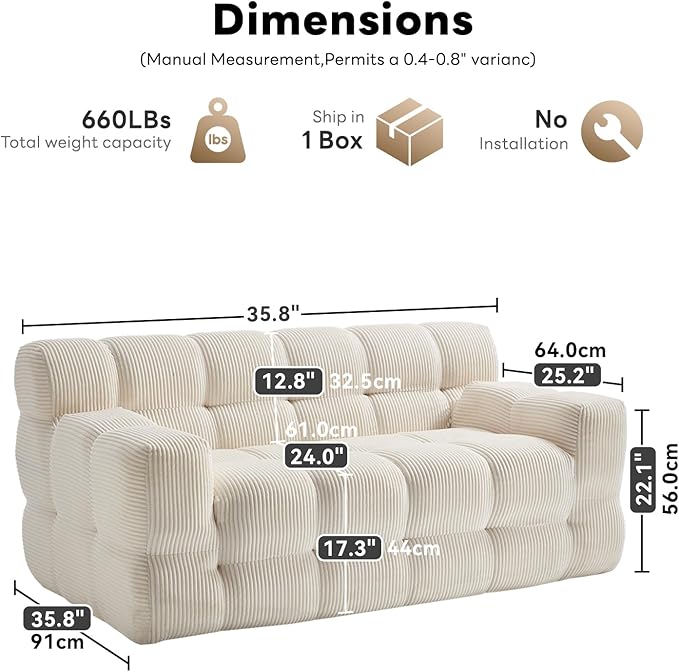 Tbfit Boneless Loveseat SofaComfy Tufted Cloud Couch Modern Living Room Floor Sofa Chair Corduroy White