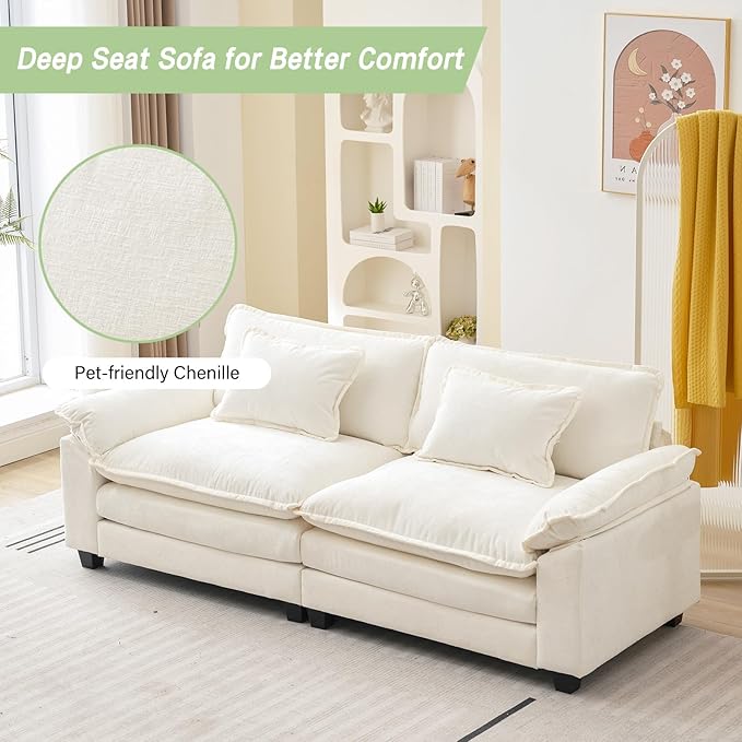 Loveseat Sofa Comfy Cloud Couch for Living Room with Pillows Modern Chenille Sofa Sleeper Deep Couches(Cream White 2-Seat)