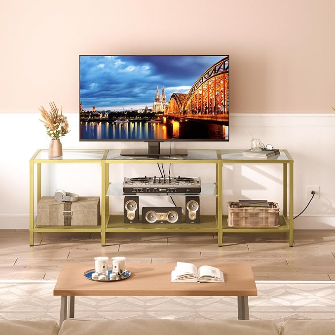 HOOBRO TV Stand with LED Lights and Power Outlets for TVs up to 75 Modern 70.9 Inch Tempered Glass TV Console Table with Open Shelves Media Entertainment Center for Living Room Gold GD185UDS01