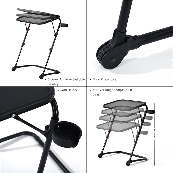 Homy Casa Adjustable Z Shaped Study Desk with Cup Holder Space Saving Portable Laptop Foldable Table for Home Office Living Room &amp Bedroom Sturdy Metal Frame &amp PP Top Black 4PCS