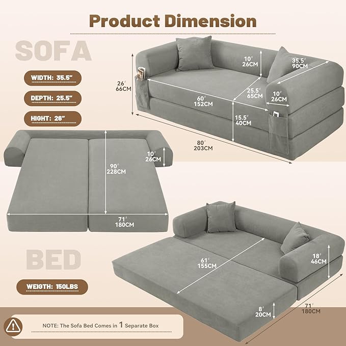 Convertible Futon Sofa Bed80 Folding Pull Out Couch Bed with StorageQueen Sleeper Sofa BedCompressed Couch in a BoxCorduroy Boneless Couches for Living RoomLight Grey