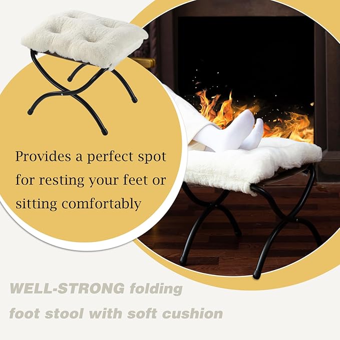 15 Foldable Foot Stool Ottoman with Metal Frame - Washable Faux Fur Beige Upholstered Indoor/Outdoor Footrest for Living Room Bedroom Patio - Space-Saving Compact Design