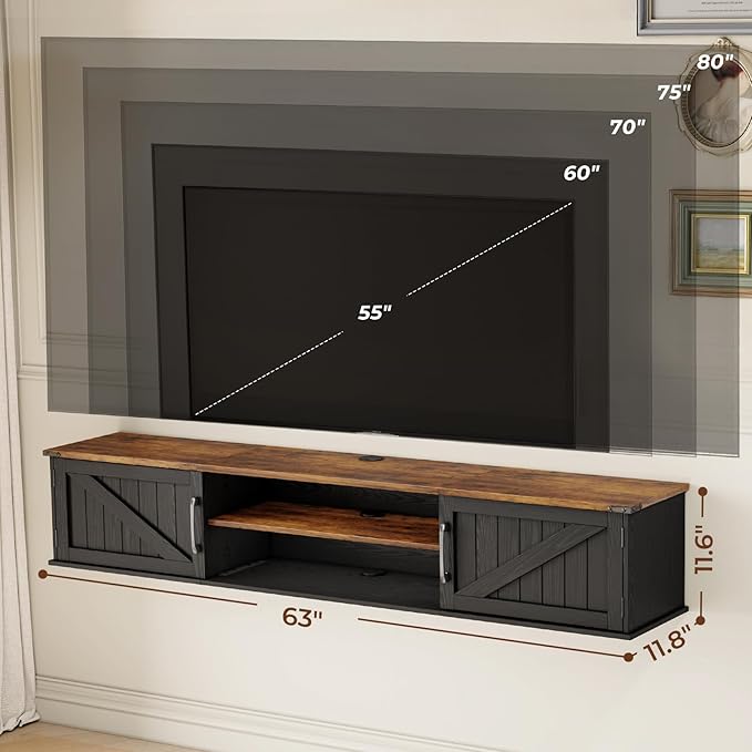 Floating TV Stand with Doors 63'' Farmhouse Floating TV Shelf for TVs up to 80 Inch 2 Tier Wall Mounted TV Stand Floating Entertainment Center TV Floating Cabinet for Living Room Bedroom Black