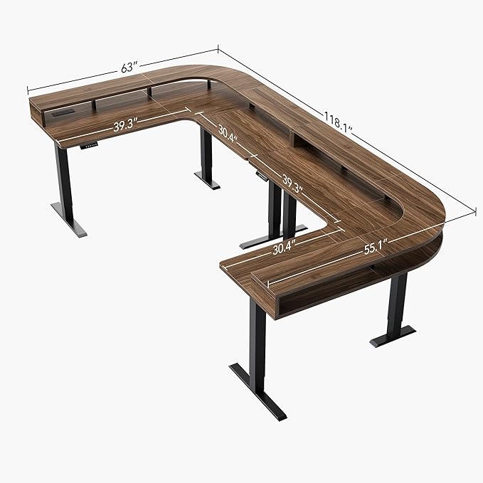 HUANUO U-Shape Standing Desk with LED Strip &amp Power Outrlets 2-Tier Height Adjustable Sit Stand up Gaming Desk with Power Strip Holder Large Computer Table for Home Office Walnut