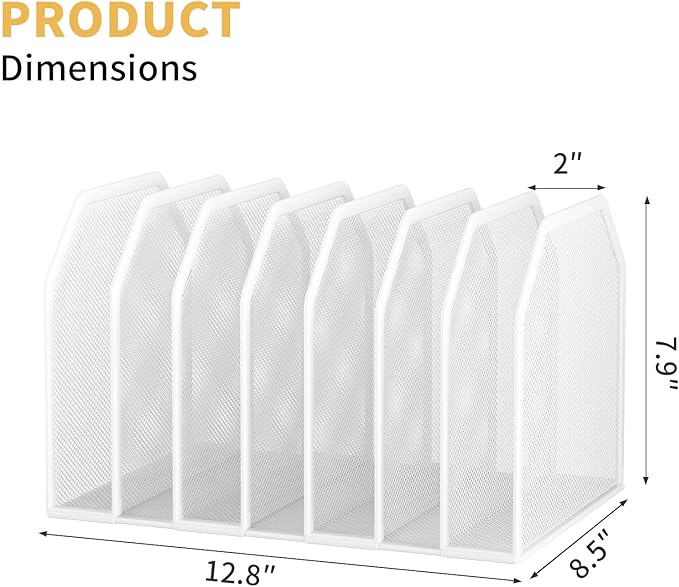 Metal 7 Section File Folder Organizer for Desk | Vertical Office File Holder | Heavy-Duty Mesh Document Sorter for Books Binders Laptops | Desk Organizer7 Sections White