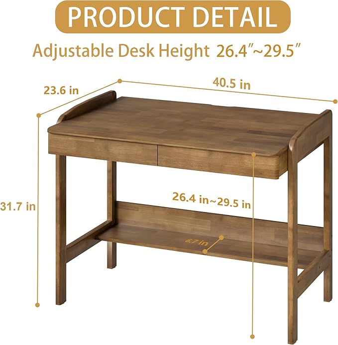 Solid Wooden Desk with Drawers &amp Shelf - 40 x 24 Inch Vintage Writing Desk with Drawers Mid Century Modern Desks Adjustable Height Study Table Home Office Computer Desks for Any Room