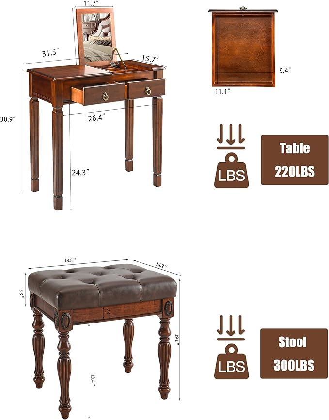 Makeup Vanity Desk Set with Flip Top Mirror 31.5 Wooden Vanity Table with Mirror Compact Dressing Table with 2 Drawers &amp 7 Compartments Writing Desk with Padded Stool for Bedroom Cherry+Brown