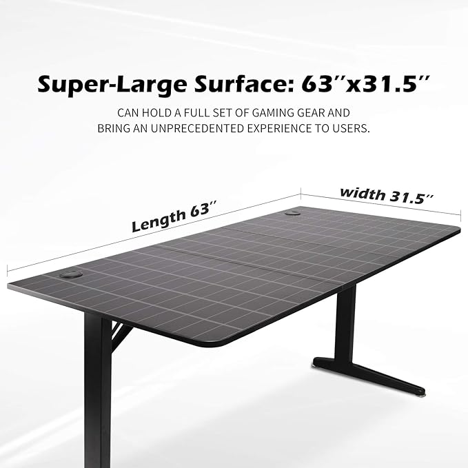 TOPSKY Gaming Desk Large Surface 63’’x31.5’’ with Cup Holder Headphone Hook and Cable Management (Black)