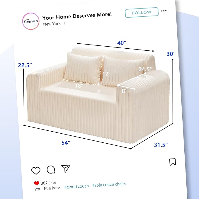 Hobestluk Couch Sofa 2-Seater Foam Sofa Loveseat for Small Spaces Comfy Sofas with Removable Cover Furry Couch with Pillows for Living Room Bedroom Apartment Office (White Loveseat)